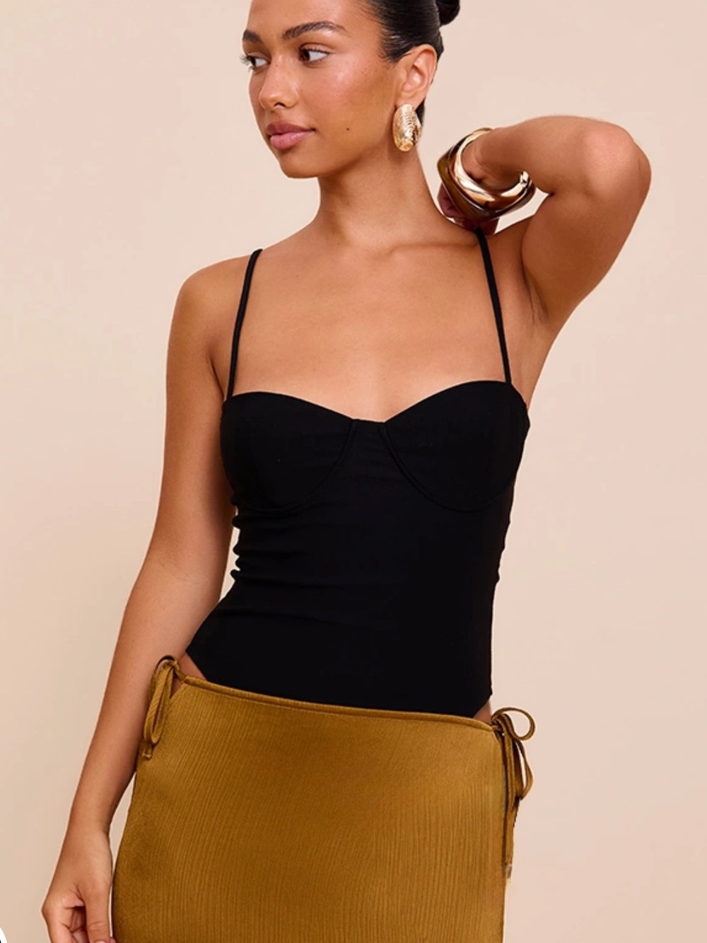NWT PrettyLittleThing Black Woven Stretch Strappy Bodysuit